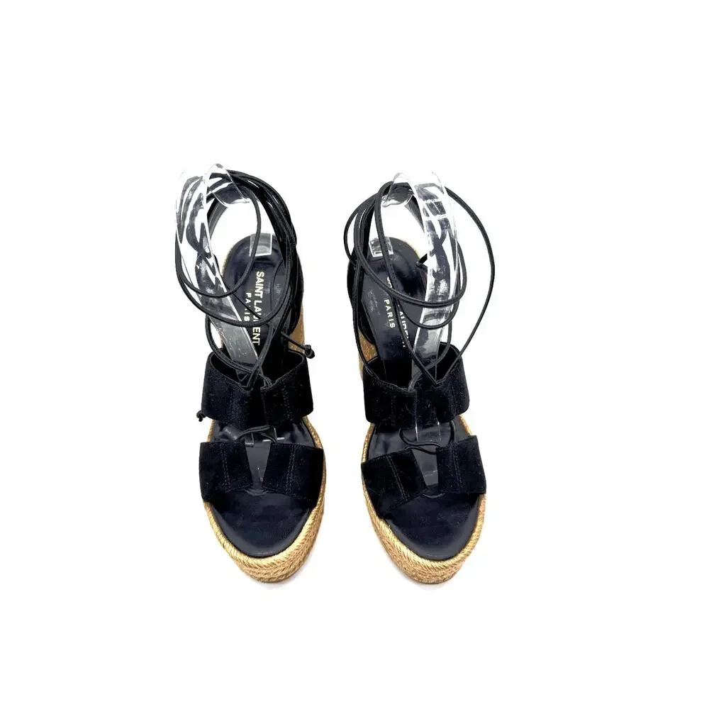 Saint Laurent Black Suede Espadrille Platform Wedge Sandals  Ankle Tie EU 38.5